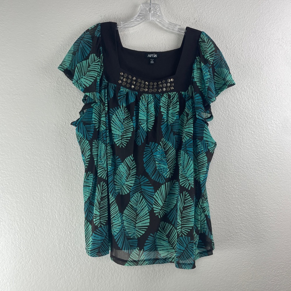 Apt 9 Blouse Women 2X Brown Teal Tropical Leaf Studded Boho Flutter Sleeve Top